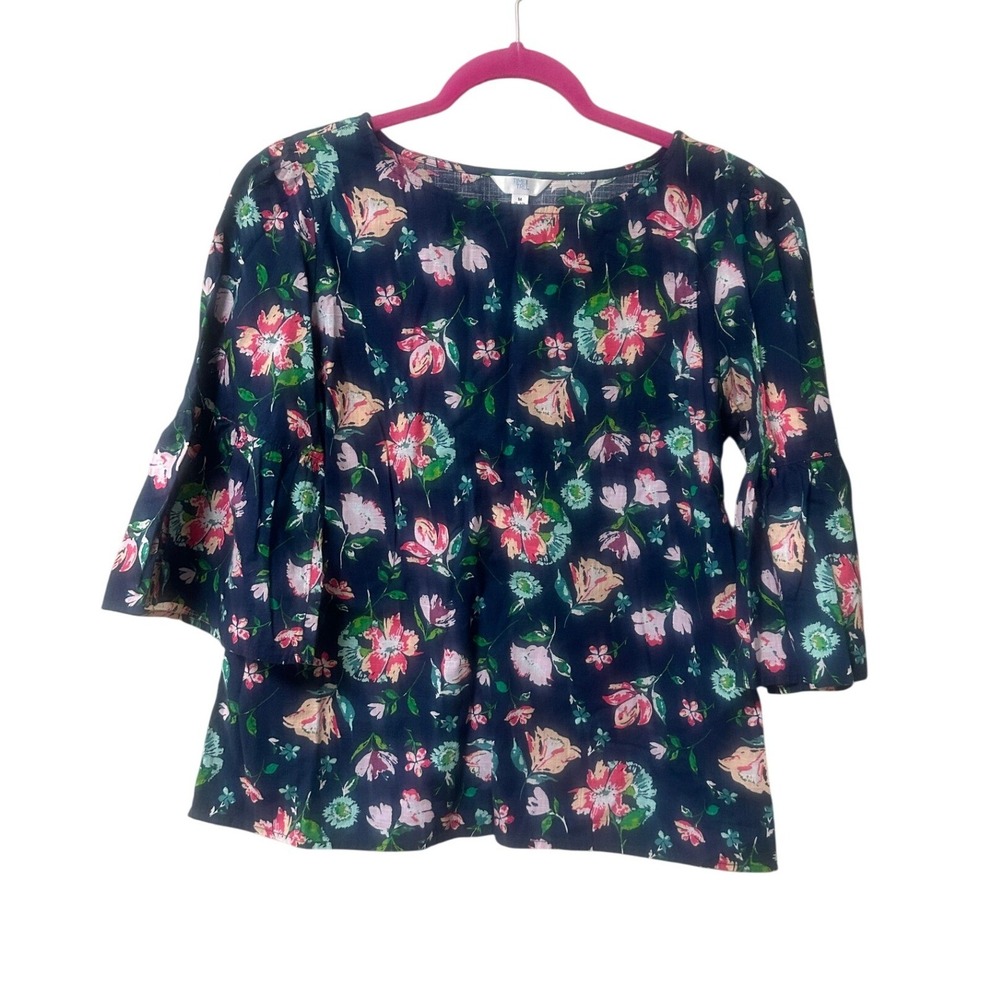 Time and Tru Womens Blue Floral 100% Cotton Short Sleeve Top M 8-10 FFTTL19475PR